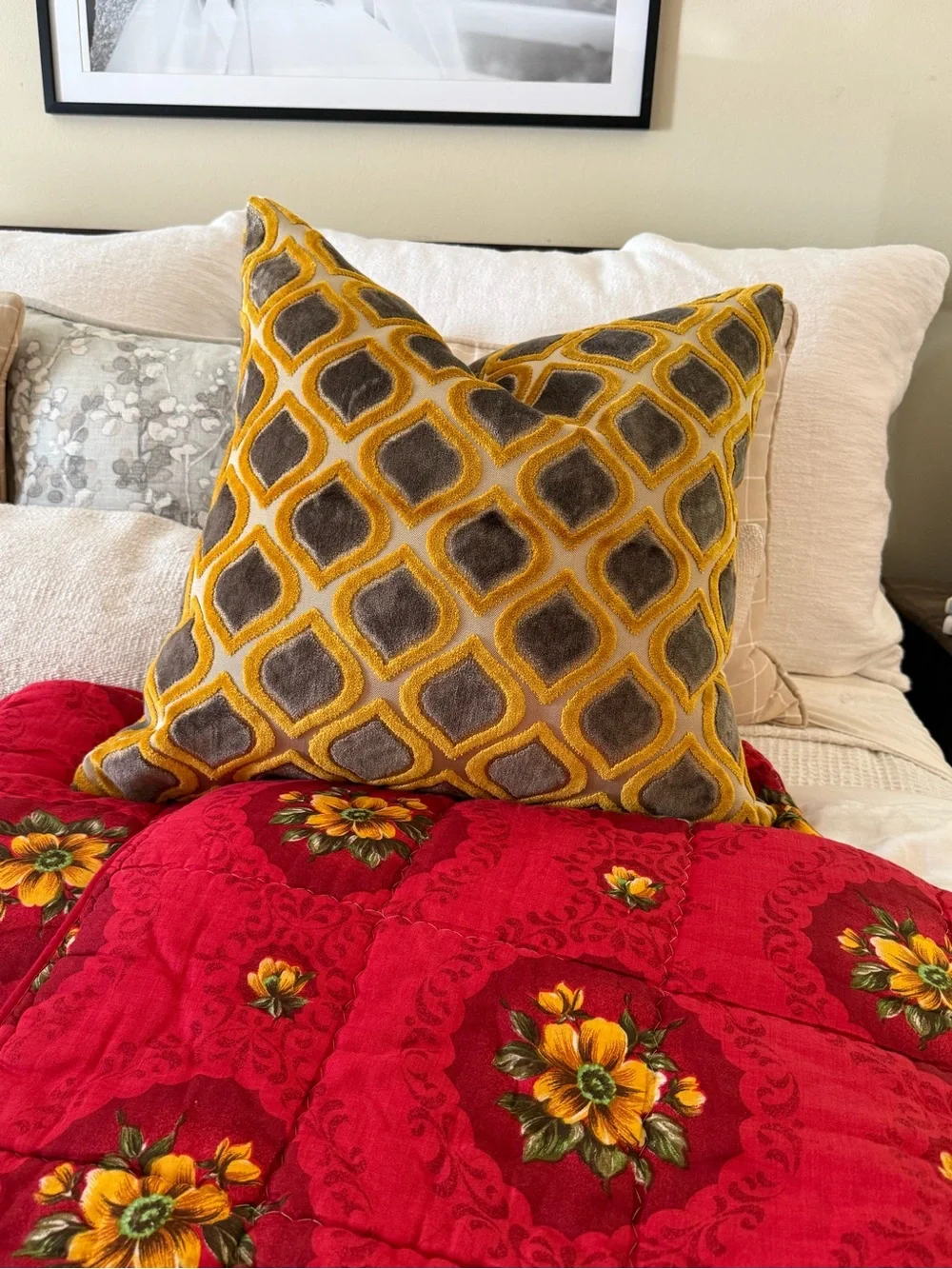 Designer Velvet Throw Pillow in Mustard and Grey